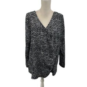 Talbots Plus Faux Wrap Side Rushed T-Shirt Womens 2X Long Sleeve Black White